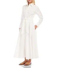 Karen Kane Linen Blend Lace Applique Point Collar Long Sleeve Self Tie Button Front Midi Shirt Dress