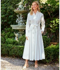 Karen Kane Linen Blend Lace Applique Point Collar Long Sleeve Self Tie Button Front Midi Shirt Dress