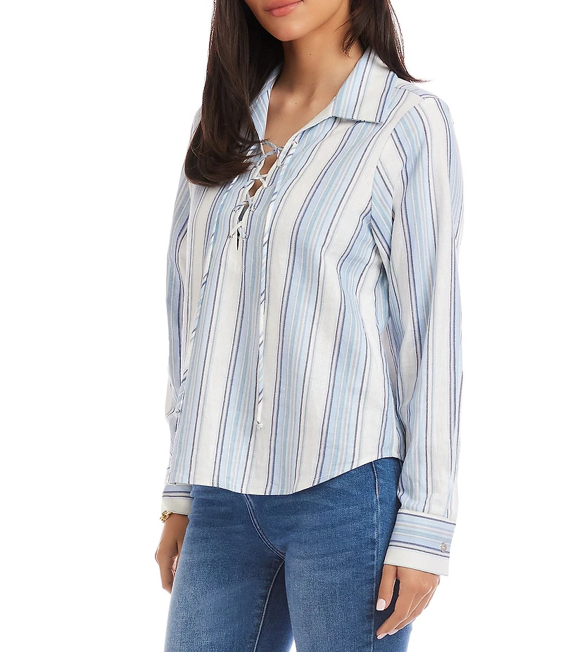 Karen Kane Linen Blend Striped Collared Long Sleeve Lace-Up Top