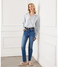 Karen Kane Linen Blend Striped Collared Long Sleeve Lace-Up Top