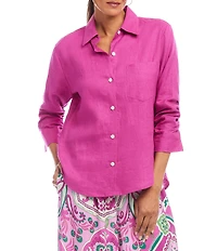 Karen Kane Linen Point Collar 3/4 Ruched Sleeve Button Front Shirt