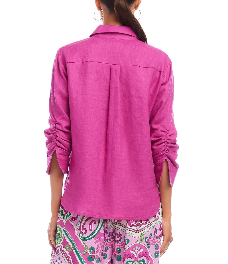 Karen Kane Linen Point Collar 3/4 Ruched Sleeve Button Front Shirt