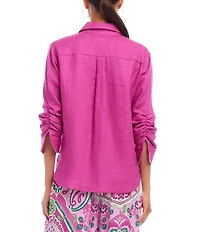 Karen Kane Linen Point Collar 3/4 Ruched Sleeve Button Front Shirt