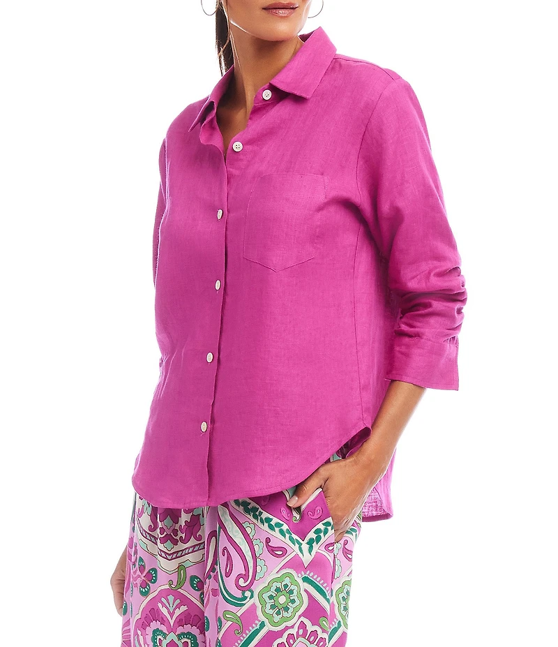 Karen Kane Linen Point Collar 3/4 Ruched Sleeve Button Front Shirt