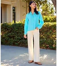 Karen Kane Linen Point Collar Long Sleeve Button-Front Shirt