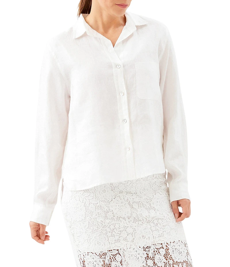 Karen Kane Linen Point Collar Long Sleeve Button-Front Shirt
