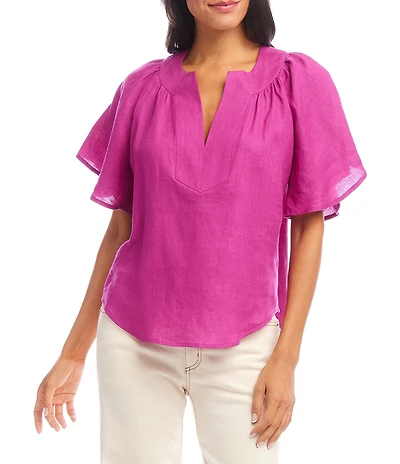 Karen Kane Linen Split V-Neck Short Flutter Sleeve Top