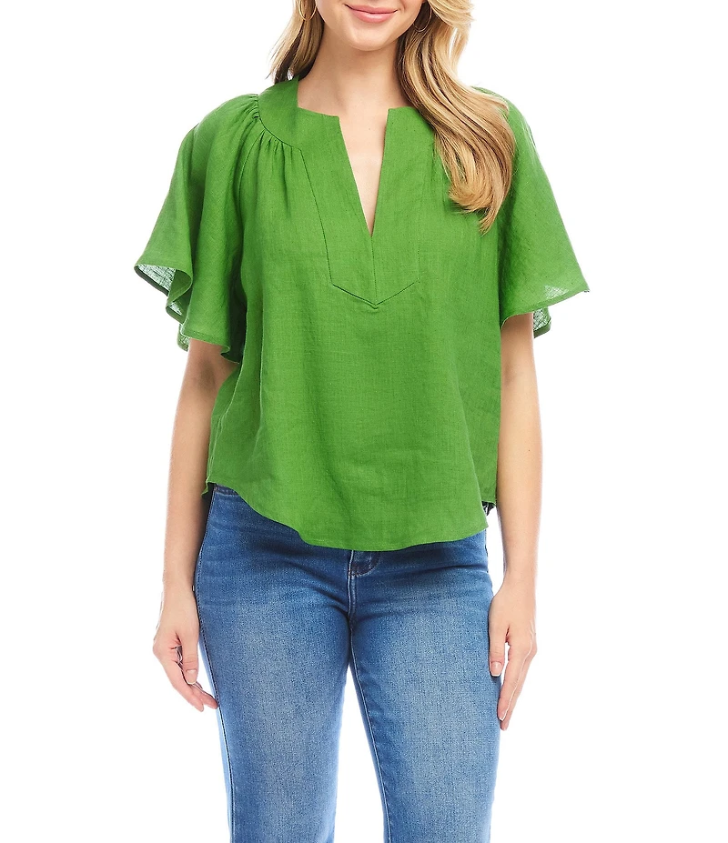 Karen Kane Linen Split V-Neck Short Flutter Sleeve Top