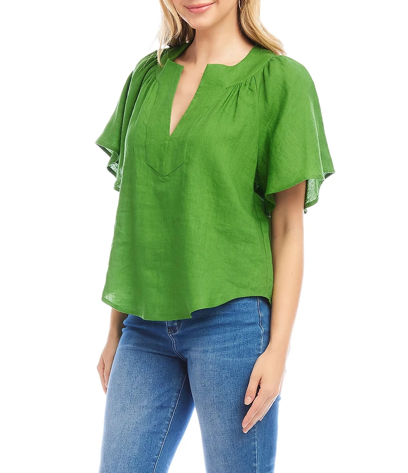 Karen Kane Linen Split V-Neck Short Flutter Sleeve Top