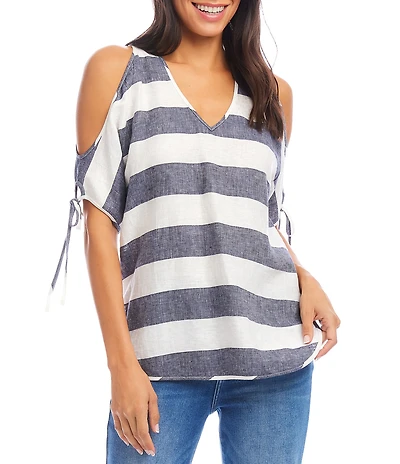Karen Kane Linen Striped Cold Shoulder V-Neck Short Sleeve Top