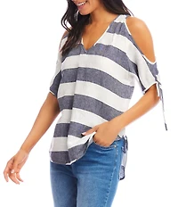Karen Kane Linen Striped Cold Shoulder V-Neck Short Sleeve Top