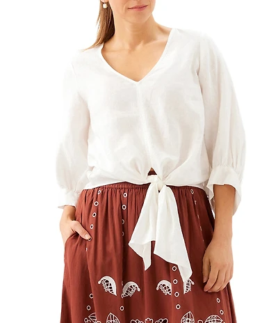 Karen Kane Linen V-Neck 3/4 Blouson Sleeve Tie Front Top