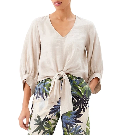 Karen Kane Linen V-Neck 3/4 Blouson Sleeve Tie Front Top