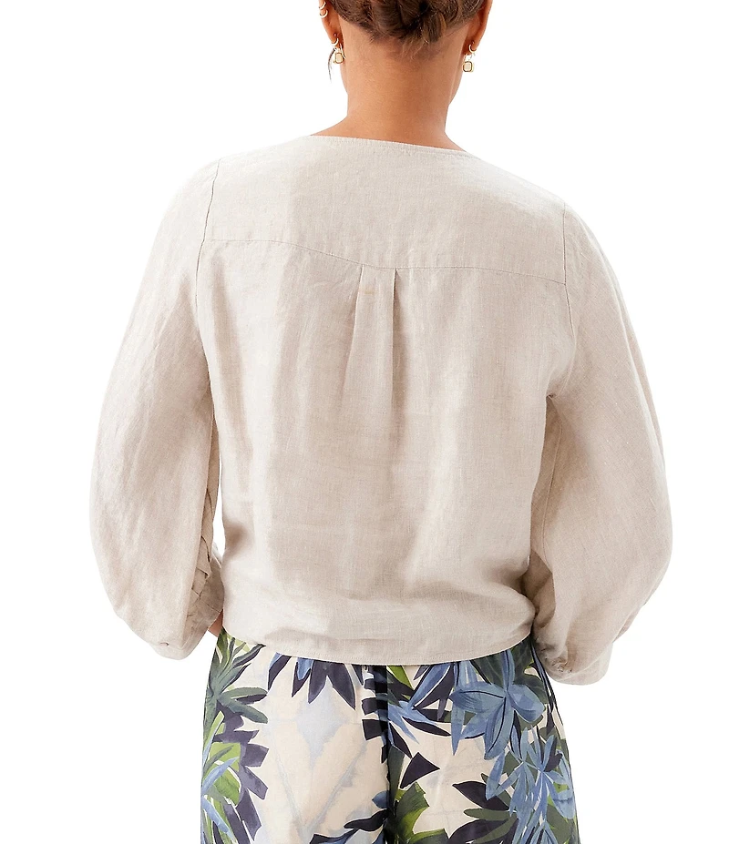 Karen Kane Linen V-Neck 3/4 Blouson Sleeve Tie Front Top