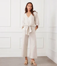Karen Kane Linen V-Neck 3/4 Blouson Sleeve Tie Front Top