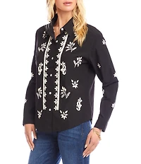 Karen Kane Long Sleeve Contrast Floral Paisley Embroidered Button Front Shirt
