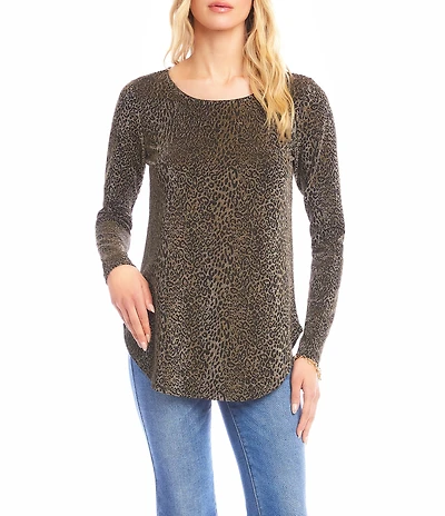 Karen Kane Long Sleeve Leopard Metallic Knit Shirttail Top