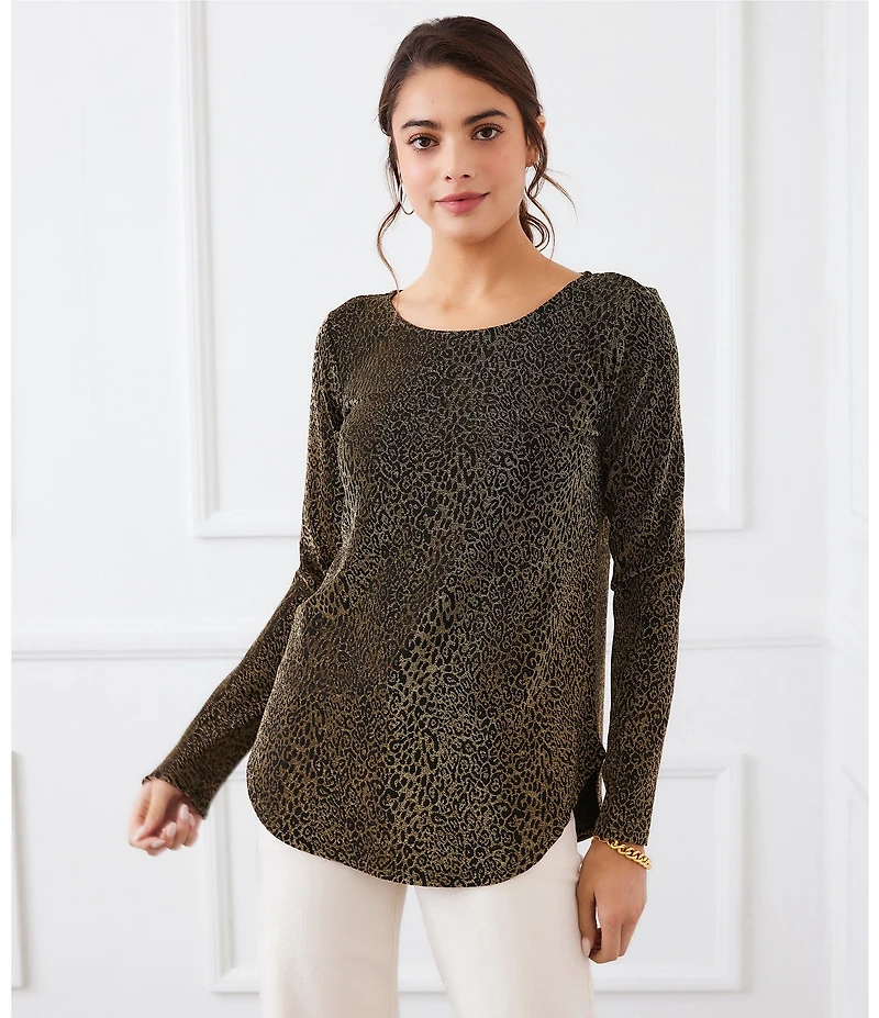 Karen Kane Long Sleeve Leopard Metallic Knit Shirttail Top
