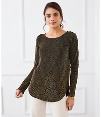 Karen Kane Long Sleeve Leopard Metallic Knit Shirttail Top
