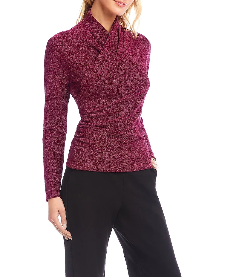 Karen Kane Long Sleeve Metallic Crossover Side-Shirred Top