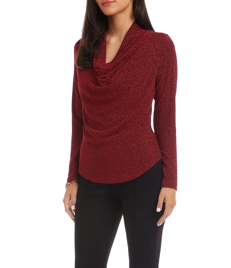 Karen Kane Long Sleeve Metallic Knit Drape Neck Top