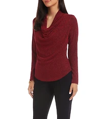 Karen Kane Long Sleeve Metallic Knit Drape Neck Top