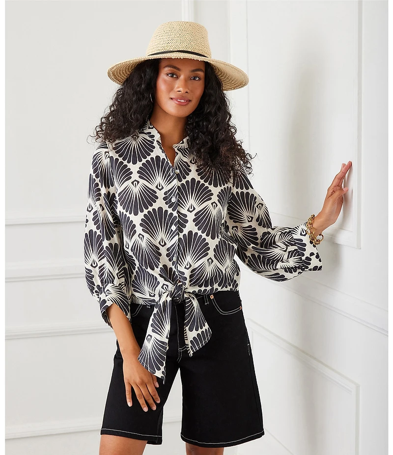 Karen Kane Mandarin Collar 3/4 Sleeve Tie Front Top