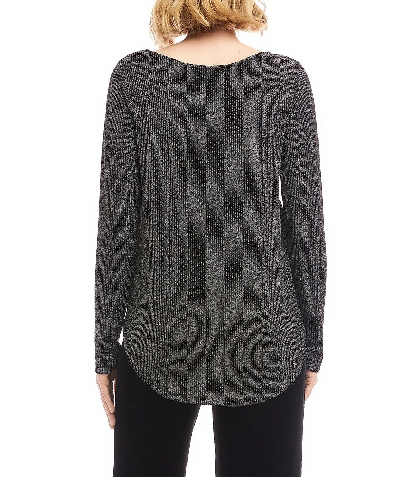 Karen Kane Metallic Stripe Knit Scoop Neck Long Sleeve Shirttail Top