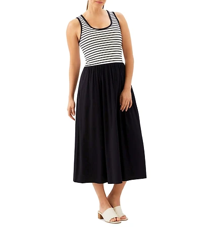 Karen Kane Mixed Media Stripe Scoop Neck Sleeveless Midi Dress