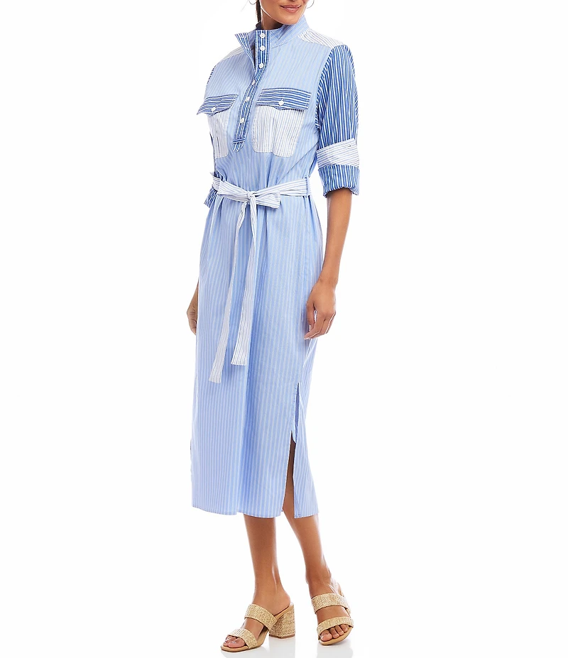 Karen Kane Mixed Stripe Roll Sleeve Midi Shirtdress