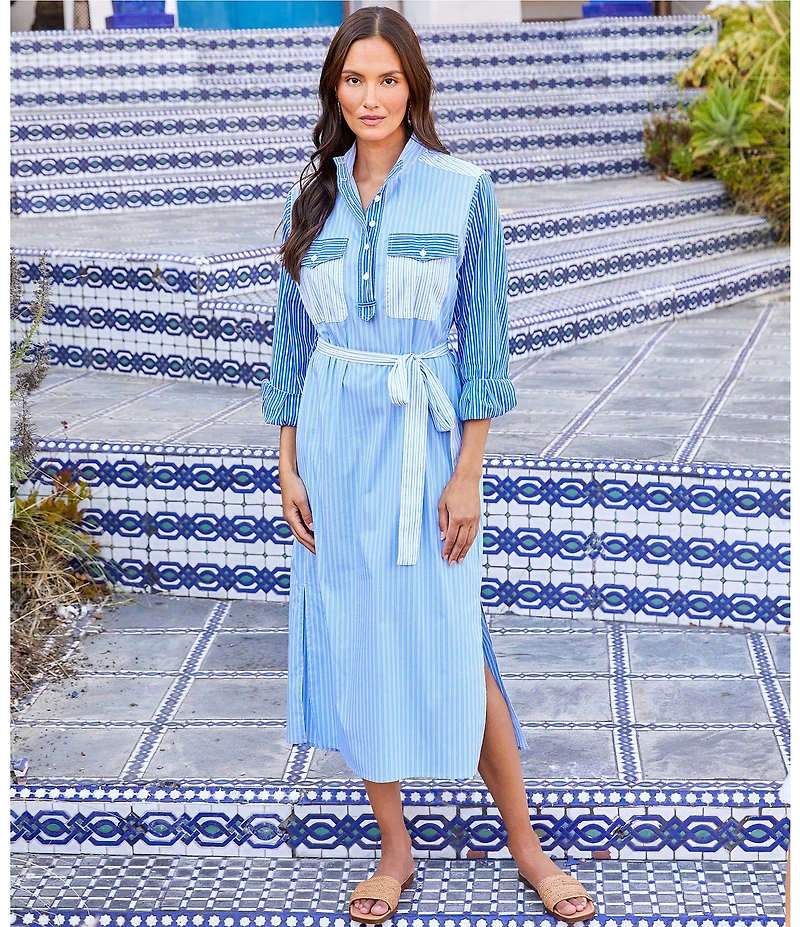 Karen Kane Mixed Stripe Roll Sleeve Midi Shirtdress