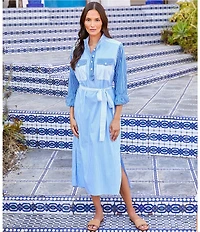 Karen Kane Mixed Stripe Roll Sleeve Midi Shirtdress