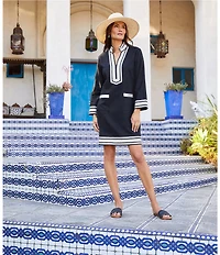 Karen Kane Mykonos Mandarin Collar Split V-Neck Long Sleeve Dress