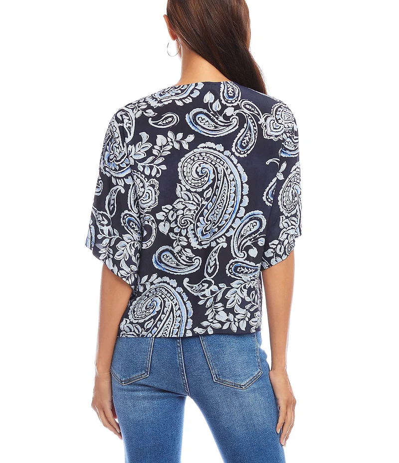 Karen Kane Paisley V-Neck Flutter Sleeve Tie Front Top