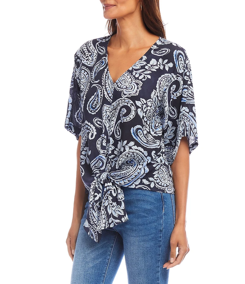 Karen Kane Paisley V-Neck Flutter Sleeve Tie Front Top
