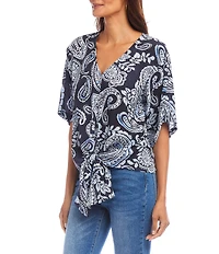 Karen Kane Paisley V-Neck Flutter Sleeve Tie Front Top