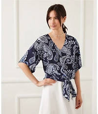 Karen Kane Paisley V-Neck Flutter Sleeve Tie Front Top
