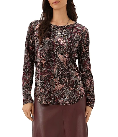 Karen Kane Paisley Velvet Burnout Round Neck Long Sleeve Top