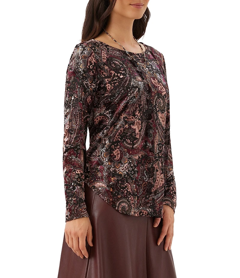 Karen Kane Paisley Velvet Burnout Round Neck Long Sleeve Top