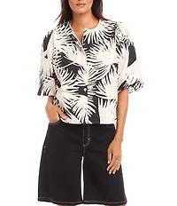 Karen Kane Tropical Palm Print Crew Neck Short Puff Sleeve Cooridinating Button Front Blouse