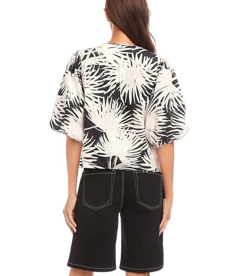 Karen Kane Tropical Palm Print Crew Neck Short Puff Sleeve Cooridinating Button Front Blouse