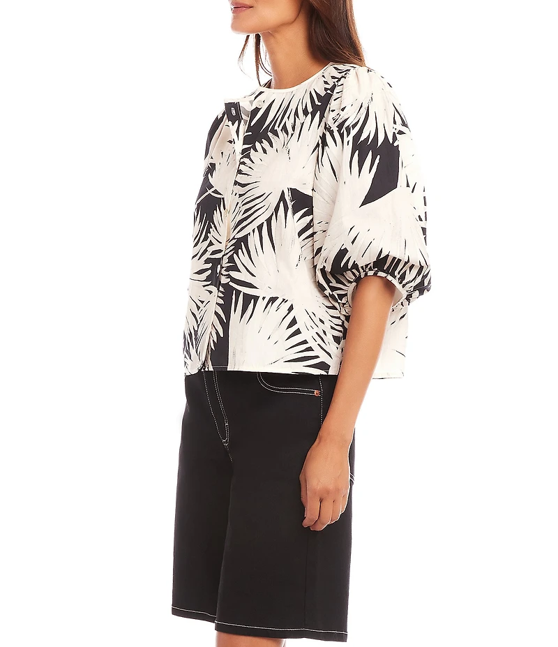 Karen Kane Tropical Palm Print Crew Neck Short Puff Sleeve Cooridinating Button Front Blouse