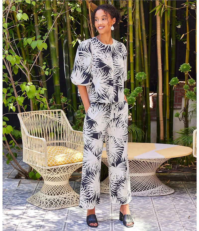 Karen Kane Tropical Palm Print Drawstring Coordinating Wide Leg Pants