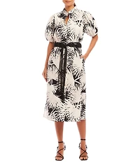 Karen Kane Tropical Palm Print Puff Sleeve Midi Shirt Dress