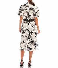 Karen Kane Tropical Palm Print Puff Sleeve Midi Shirt Dress
