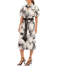 Karen Kane Tropical Palm Print Puff Sleeve Midi Shirt Dress
