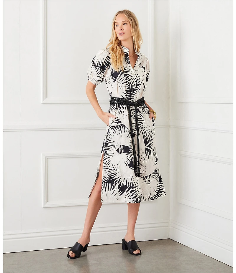 Karen Kane Tropical Palm Print Puff Sleeve Midi Shirt Dress
