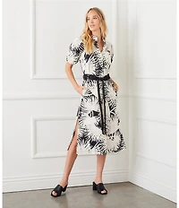 Karen Kane Tropical Palm Print Puff Sleeve Midi Shirt Dress