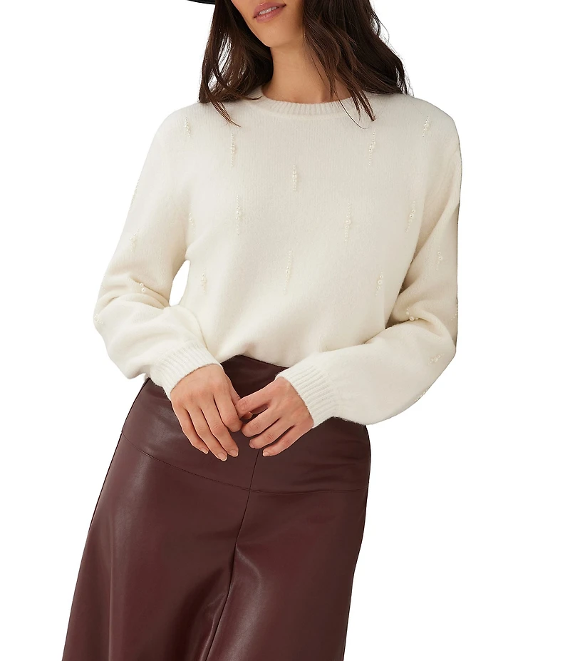 Karen Kane Pearl Embellished Crew Neck Long Sleeve Sweater