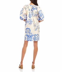 Karen Kane Peasant Floral Stamped Split V-Neck Short Puff Sleeve Shift Dress